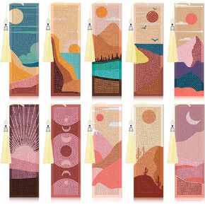 Noveread 10 Pcs Boho Diamond Painting Bookmarks 5D Bookmark Sun and Moon Acrylic Diamond Art Bookmark with DIY Painting Kits Tassels and Beads Pendant Bookmarks for DIY Making Beginner Kids Adults
