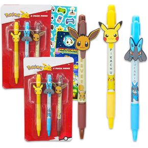 Pokemon Pen Set - 6 Pc Pokemon Ballpoint Pens Gift Bundle for Kids Featuring Pikachu, Lucario, and Eevee, Plus Stickers, More | Pokemon Party Favors for Kids