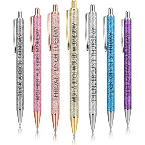 7PCS Funny Pens, Swear Word Daily Ballpoint Pen Weekday Vibes Glitter Pen Set Describing Mentality Sarcastic Pens Seven Days of the Week Pens for Office Gifts