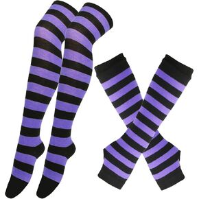Women Socks Thigh High Striped Arm Warmers Girls Fingerless Gloves