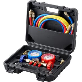 فيفور مقياس تيار متردد رباعي الاتجاهات - مجموعة مقياس مشعب تيار متردد لمبردات R134A R22 R12 R410A، مقاييس الفريون مع خراطيم 5 قدم، وصلات، يمكن أن تعمل على شحن وإخلاء الفريون التلقائي للسيارة in Kuwait