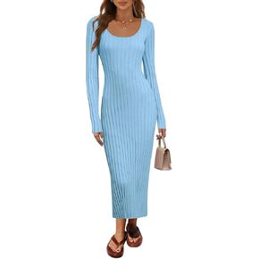 MEROKEETY Women's Fall Long Sleeve Sweater Dress Casual Ribbed Knit Slim Fit Bodycon Maxi Dresses