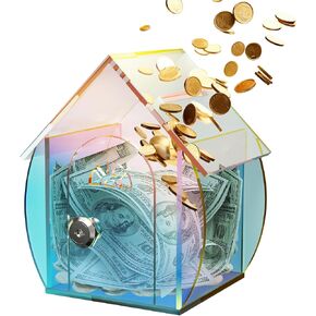 NiHome Acrylic Piggy Bank with Modern European Cottage Design, Transparent Money Saving Box with Child-Friendly Lock & Safe Edges, Stylish Home Decor & Financial Learning Tool for Kids (Iridescent)