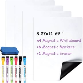 Magnetic Dry Erase Board Sheet for Fridge 4 PCS, 12"X8" Erasable Refrigerator Small Magnet WhiteBoard, Include 1 Eraser, 6 Markers