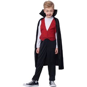 IKALI Kids Boys Halloween Vampire Costume, Gothic Jumpsuit Vest with Cape Suit for Unisex Dress Up 3-12 Years