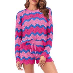 Tankaneo Womens Sweater Sets Striped 2 Piece Outfits Long Sleeve Knit Sweater Tops Drawstring Shorts Color Block Lounge Set