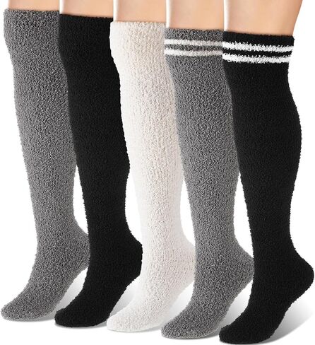 Geyoga 5 Pairs Thigh High Fuzzy Socks for Women Knee High Fuzzy Socks Warm Thick Comfortable Soft Fuzzy Cozy Winter Plush Socks Indoor Wear Sleepwear Christmas Winter Gifts in Saudi Arabia
