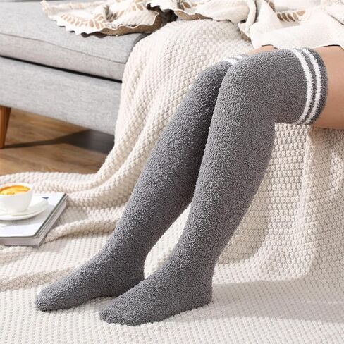 Geyoga 5 Pairs Thigh High Fuzzy Socks for Women Knee High Fuzzy Socks Warm Thick Comfortable Soft Fuzzy Cozy Winter Plush Socks Indoor Wear Sleepwear Christmas Winter Gifts in Saudi Arabia