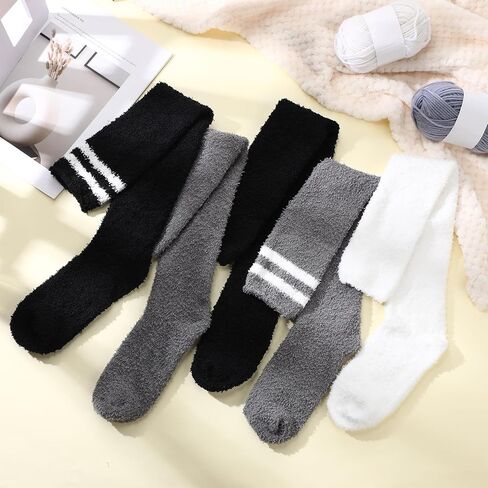 Geyoga 5 Pairs Thigh High Fuzzy Socks for Women Knee High Fuzzy Socks Warm Thick Comfortable Soft Fuzzy Cozy Winter Plush Socks Indoor Wear Sleepwear Christmas Winter Gifts in Saudi Arabia