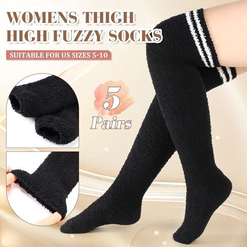 Geyoga 5 Pairs Thigh High Fuzzy Socks for Women Knee High Fuzzy Socks Warm Thick Comfortable Soft Fuzzy Cozy Winter Plush Socks Indoor Wear Sleepwear Christmas Winter Gifts in Saudi Arabia