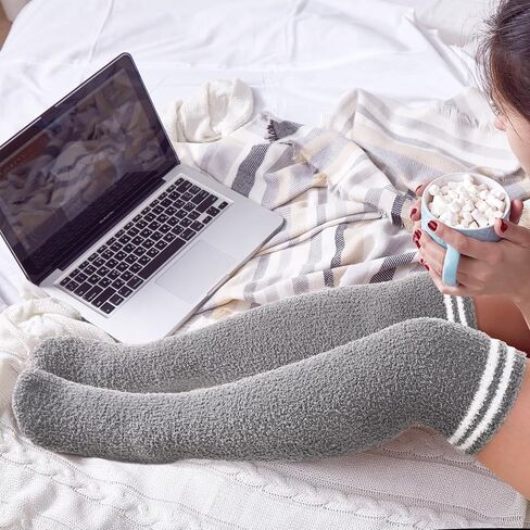 Geyoga 5 Pairs Thigh High Fuzzy Socks for Women Knee High Fuzzy Socks Warm Thick Comfortable Soft Fuzzy Cozy Winter Plush Socks Indoor Wear Sleepwear Christmas Winter Gifts in Saudi Arabia