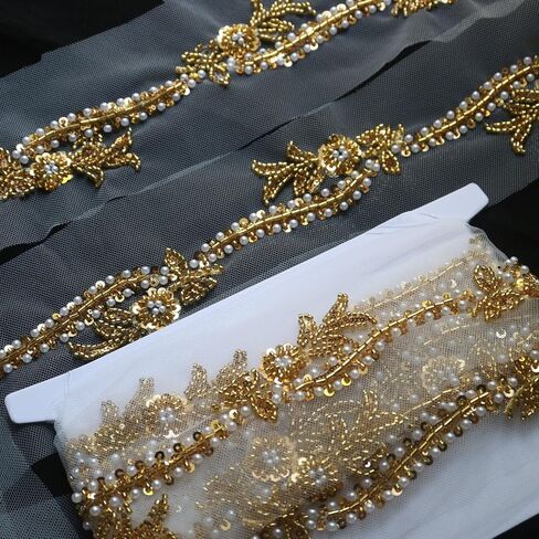 4 ياردة الترتر مطرز زهرة التطريز الدانتيل يزين لفساتين الزفاف حجر الراين زين بقع الدانتيل الزخارف parches ropa in Kuwait