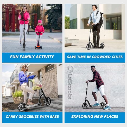 LaScoota Kick Scooter for Kids Ages 6+, Teens & Adults, Large 8" Sturdy Urethane Wheels. Adjustable Handlebar, Lightweight, Foldable, 220lbs Max Load in Saudi Arabia