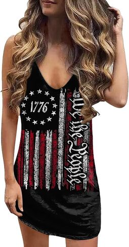 For G and PL Women 4th of July American Flag Tank Dress Deep V Neck Stars Stripe Mini Patriotic Sleeveless Sundress in Saudi Arabia