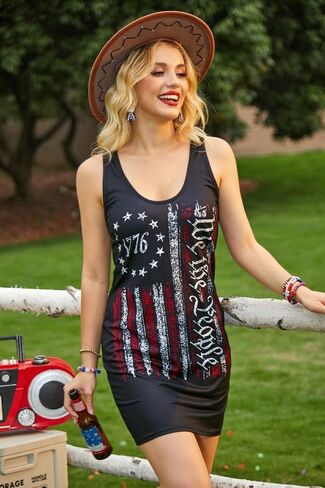 For G and PL Women 4th of July American Flag Tank Dress Deep V Neck Stars Stripe Mini Patriotic Sleeveless Sundress in Saudi Arabia