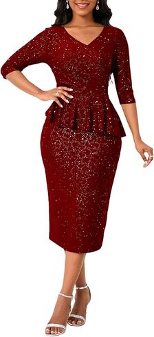 فستان بيبلوم نسائي مزين بالترتر ورقبة على شكل حرف V فستان ضيق غير رسمي فستان ضيق مكشكش للحفلات فساتين متوسطة الطول in Kuwait