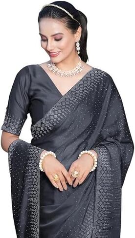 Indian Sarees Women's Women's Georgette Solid Hot Fixing Saree with Unstitched Blouse Piece, Medium, Purple in Saudi Arabia