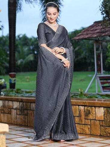 Indian Sarees Women's Women's Georgette Solid Hot Fixing Saree with Unstitched Blouse Piece, Medium, Purple in Saudi Arabia