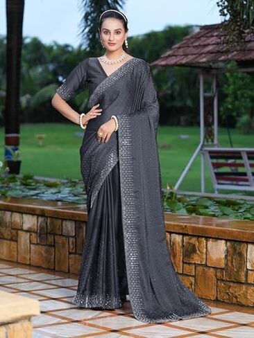 Indian Sarees Women's Women's Georgette Solid Hot Fixing Saree with Unstitched Blouse Piece, Medium, Purple in Saudi Arabia