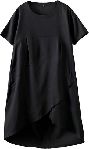 Minibee Women's Casual Linen Dress Summer Short Sleeve Flowy Empire Waist Midi Dresses with Pockets in Kuwait