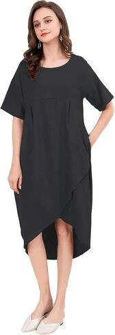 Minibee Women's Casual Linen Dress Summer Short Sleeve Flowy Empire Waist Midi Dresses with Pockets in Kuwait