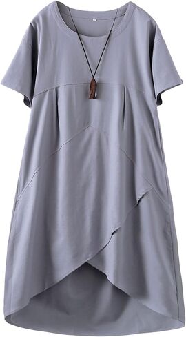 Minibee Women's Casual Linen Dress Summer Short Sleeve Flowy Empire Waist Midi Dresses with Pockets in Kuwait