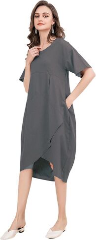 Minibee Women's Casual Linen Dress Summer Short Sleeve Flowy Empire Waist Midi Dresses with Pockets in Kuwait