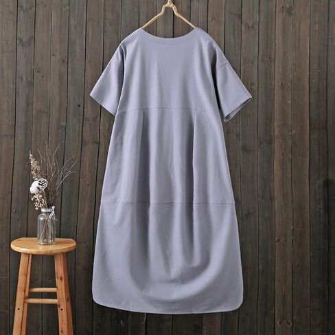 Minibee Women's Casual Linen Dress Summer Short Sleeve Flowy Empire Waist Midi Dresses with Pockets in Kuwait