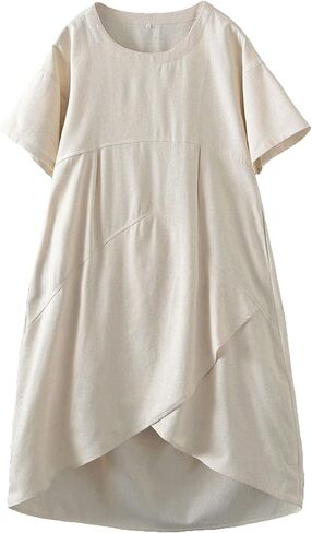 Minibee Women's Casual Linen Dress Summer Short Sleeve Flowy Empire Waist Midi Dresses with Pockets in Kuwait