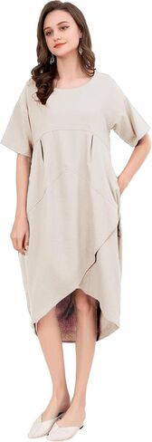 Minibee Women's Casual Linen Dress Summer Short Sleeve Flowy Empire Waist Midi Dresses with Pockets in Kuwait
