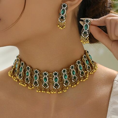 Womens Oxidized Pendant Choker Necklace Vintage Antique Drop Earrings Bohemian Handmade Rhinestone Kundan Traditional Bollywood Wedding Statement Bohemian Dancing Gypsy Indian Jewelry Set for Women Girls in Saudi Arabia