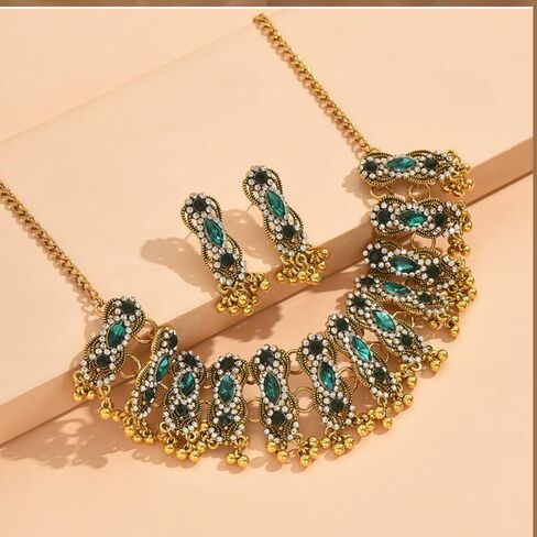 Womens Oxidized Pendant Choker Necklace Vintage Antique Drop Earrings Bohemian Handmade Rhinestone Kundan Traditional Bollywood Wedding Statement Bohemian Dancing Gypsy Indian Jewelry Set for Women Girls in Saudi Arabia
