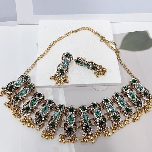 Womens Oxidized Pendant Choker Necklace Vintage Antique Drop Earrings Bohemian Handmade Rhinestone Kundan Traditional Bollywood Wedding Statement Bohemian Dancing Gypsy Indian Jewelry Set for Women Girls in Saudi Arabia