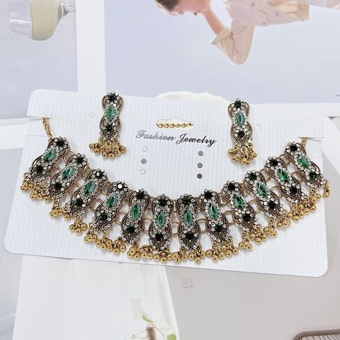 Womens Oxidized Pendant Choker Necklace Vintage Antique Drop Earrings Bohemian Handmade Rhinestone Kundan Traditional Bollywood Wedding Statement Bohemian Dancing Gypsy Indian Jewelry Set for Women Girls in Saudi Arabia
