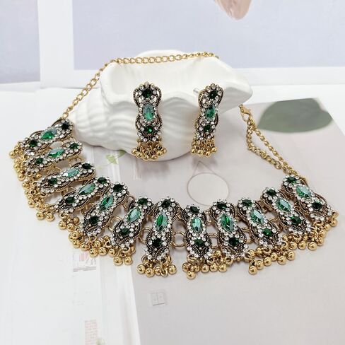 Womens Oxidized Pendant Choker Necklace Vintage Antique Drop Earrings Bohemian Handmade Rhinestone Kundan Traditional Bollywood Wedding Statement Bohemian Dancing Gypsy Indian Jewelry Set for Women Girls in Saudi Arabia