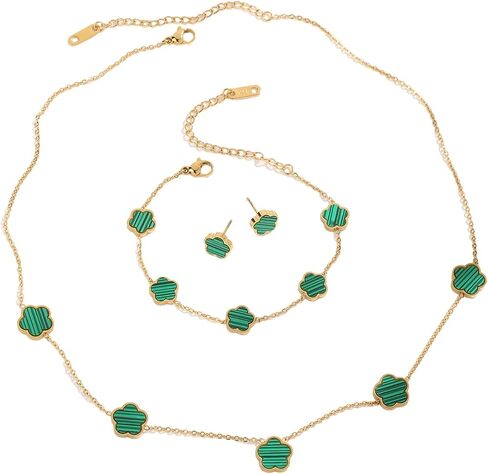 Lucky Clover 18K Gold Plated Clover Necklace Bracelet Earring for Women Fashion Cute Simple Jewelry Sets Hypoallergenic Women Jewelry Gift (Green) in Saudi Arabia