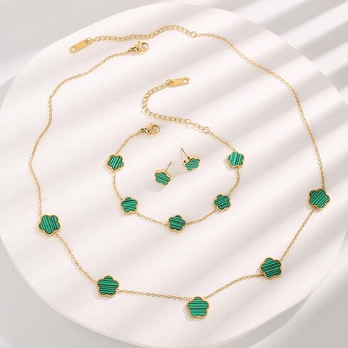 Lucky Clover 18K Gold Plated Clover Necklace Bracelet Earring for Women Fashion Cute Simple Jewelry Sets Hypoallergenic Women Jewelry Gift (Green) in Saudi Arabia