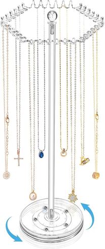 OAOLEER Rotating Necklace Organizer, Acrylic Necklace Holder Stand，Jewelry Organizer Display Tree Hanger Rack with 36 Hooks for Necklaces Chain Pendant Bracelets in Kuwait