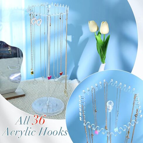 OAOLEER Rotating Necklace Organizer, Acrylic Necklace Holder Stand，Jewelry Organizer Display Tree Hanger Rack with 36 Hooks for Necklaces Chain Pendant Bracelets in Kuwait