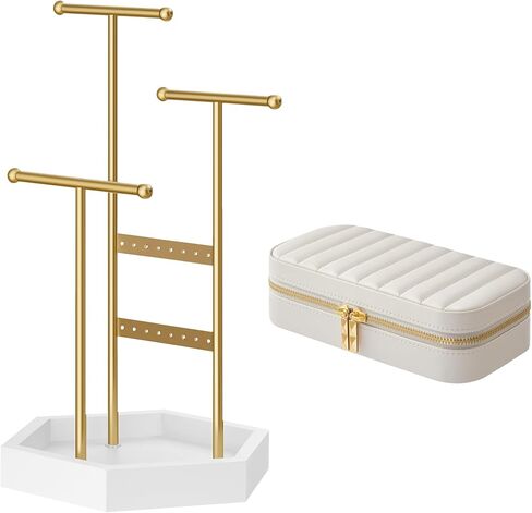 SONGMICS Jewelry Holder and Travel Jewelry Box Bundle, Metal Frame, Small Mirror, PU Surface with Stitching, Gift Idea, Gold and White and Cloud White UJJS003A01 and UJBC180W01 in Saudi Arabia