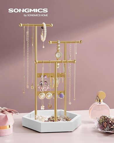SONGMICS Jewelry Holder and Travel Jewelry Box Bundle, Metal Frame, Small Mirror, PU Surface with Stitching, Gift Idea, Gold and White and Cloud White UJJS003A01 and UJBC180W01 in Saudi Arabia