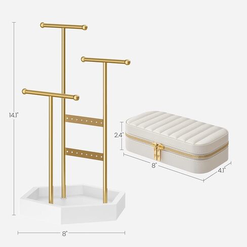 SONGMICS Jewelry Holder and Travel Jewelry Box Bundle, Metal Frame, Small Mirror, PU Surface with Stitching, Gift Idea, Gold and White and Cloud White UJJS003A01 and UJBC180W01 in Saudi Arabia