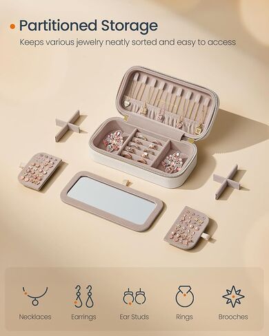SONGMICS Jewelry Holder and Travel Jewelry Box Bundle, Metal Frame, Small Mirror, PU Surface with Stitching, Gift Idea, Gold and White and Cloud White UJJS003A01 and UJBC180W01 in Saudi Arabia