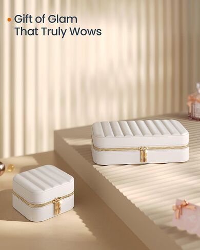 SONGMICS Jewelry Holder and Travel Jewelry Box Bundle, Metal Frame, Small Mirror, PU Surface with Stitching, Gift Idea, Gold and White and Cloud White UJJS003A01 and UJBC180W01 in Saudi Arabia