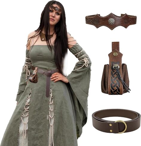 3 PCs Medieval Faux Leather Belt Accessories Set with Vintage Viking Headpiece and Renaissance Dice Bag for LARP （Brown A） in Saudi Arabia