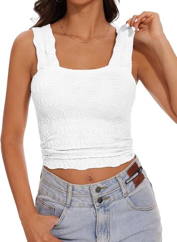 Women’s Square Neck Wide Strap Flower Cropped Tank Top Backless Lettuce Trim Slim Fit Love Letter Cami Vest in Kuwait