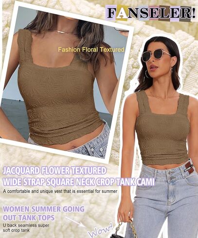 Women’s Square Neck Wide Strap Flower Cropped Tank Top Backless Lettuce Trim Slim Fit Love Letter Cami Vest in Kuwait