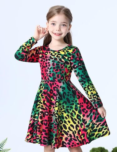 COSLAND Girls' Holiday Dress Kids Long Sleeve Printed Dresses, X-Small-Large in Kuwait
