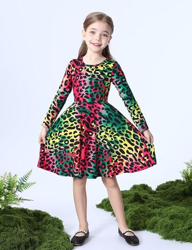 COSLAND Girls' Holiday Dress Kids Long Sleeve Printed Dresses, X-Small-Large in Kuwait