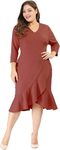 Agnes Orinda Women's Plus Size Business Ruffled Dress 3/4 Sleeve Office Work Cocktail Dresses Party Wrap Dress in Kuwait